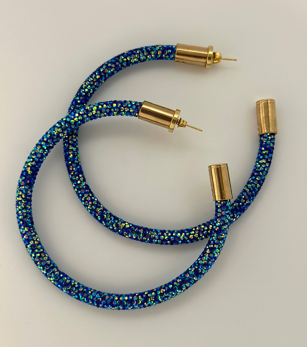 Iridescent AB Blue Rhinestone Hoops