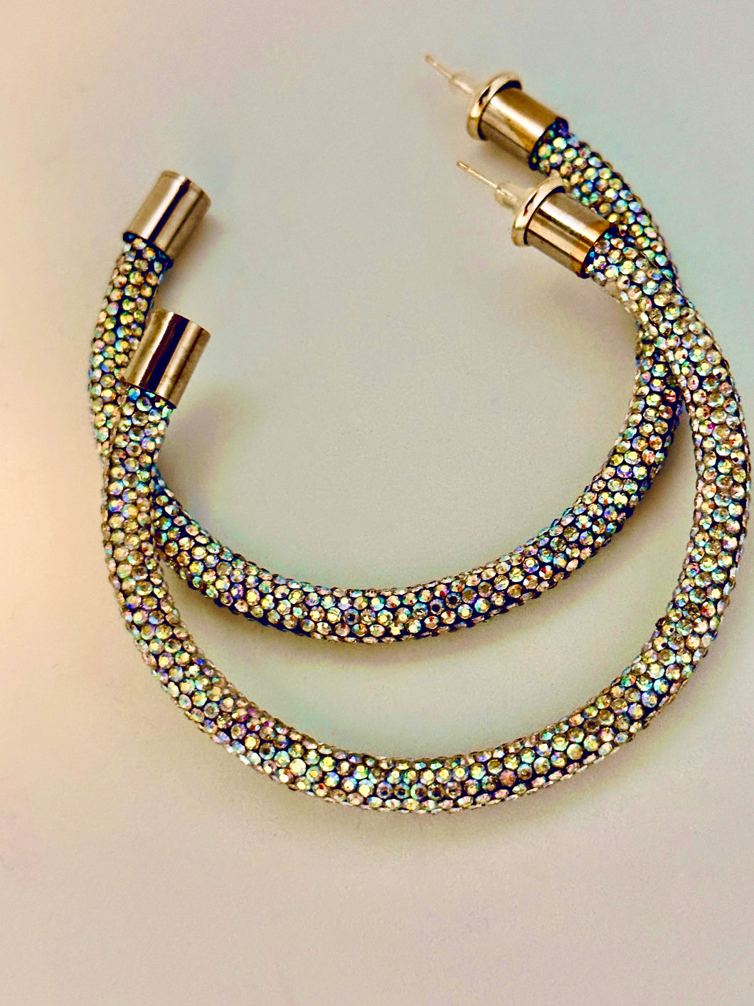 Iridescent AB Silver Rhinestone Hoops