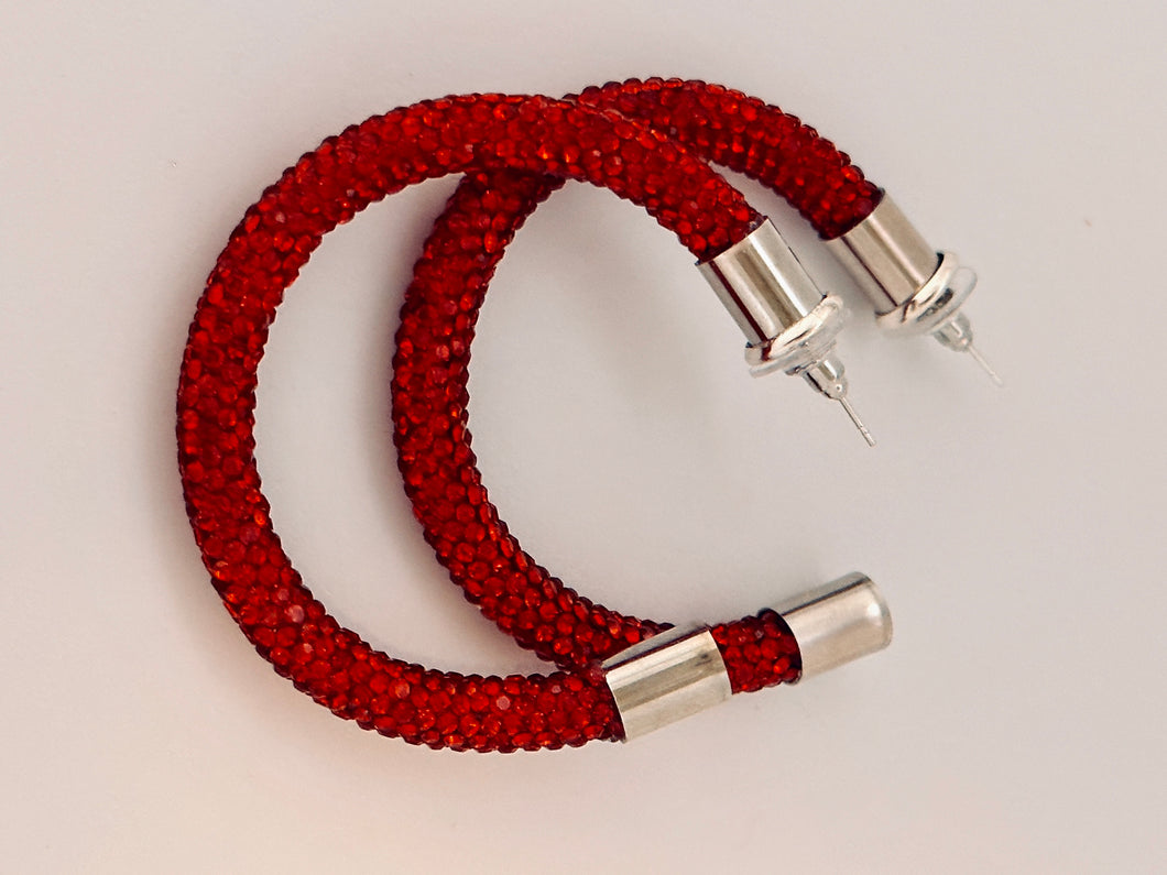 Crimson Rhinestone Hoops