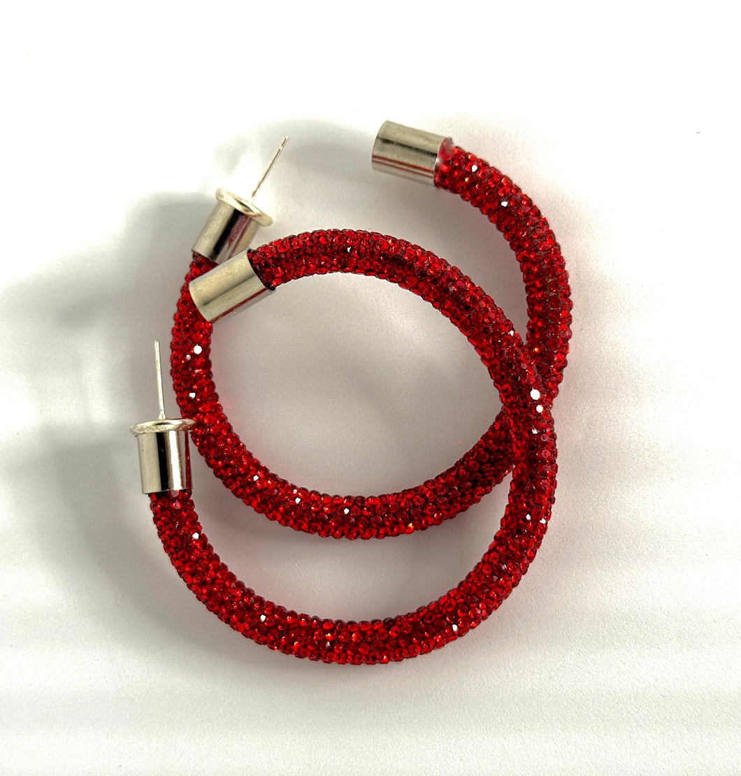 Crimson Rhinestone Hoops